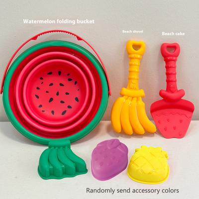 Perfect Picks Market Foldable Beach Bucket Set With Sand Molds & Travel Friendly Kids Sand Toys watermelon 6 Pcs