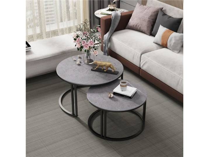 Table Basse Gigogne Ronde Lot de 2 Tables Gigognes de Salon avec Effet Marbre Cardre en Métal 70x70x41cm - 57x57x35cm