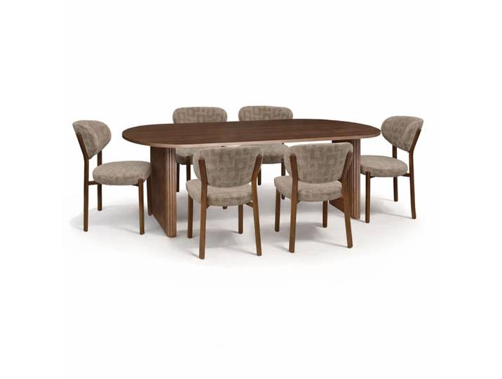 Ensemble table 230cm effet noyer et 6 chaises en tissu taupe