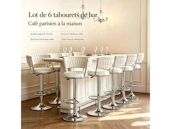 PIPIPOXER Lot de 6 Tabourets de Bar Velours Tressé Réglables Pivotant 360° Structure Argentée Ensemble pour Café 51x39x94/105