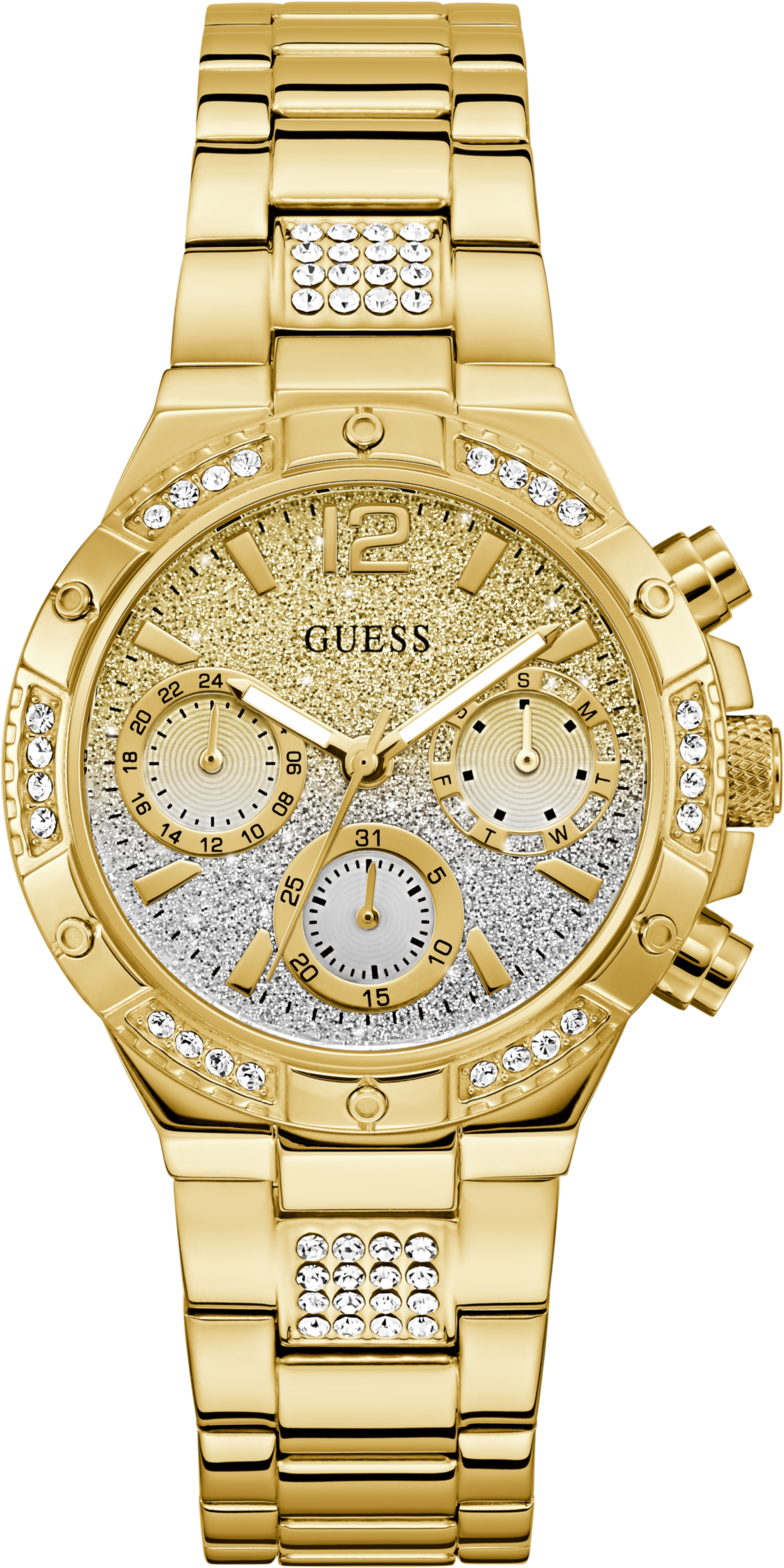 Multifunktionsuhr GUESS "HARLOW", gold (goldfarben, silberfarben, goldfarben), Armbanduhren, Damen, goldfarben, Quarzuhr, Armbanduhr, Damenuhr, Edelstahlarmband, Datum