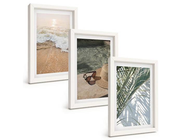 Tulup Bilder SET 3er Set - 20x30 cm Weißer Rahmen - Strandhut und Sonnenbrille, Kunststoff, Rechteckig, 20x30 cm, gerahmt, Bilder & Rahmen, Bilder