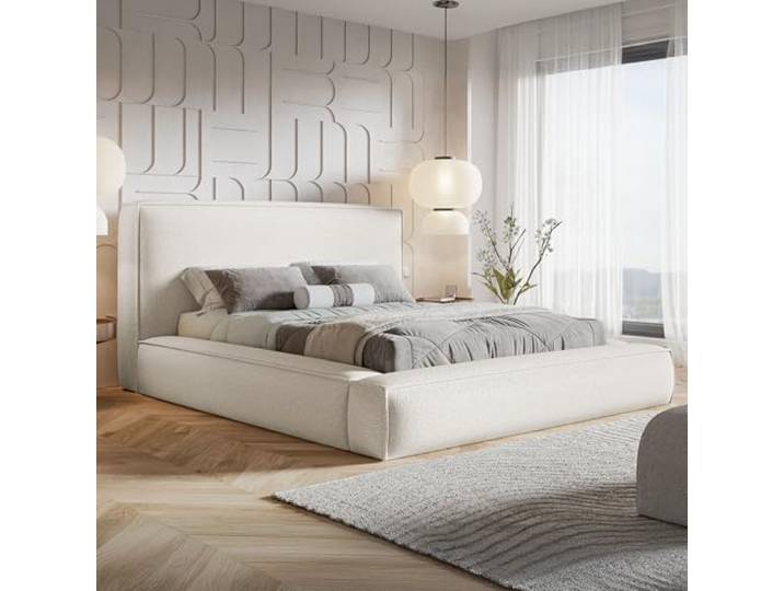 MOTIVENA Space Bubble Bett 180x200 Weiß Boucle, mit Stauraum, mit Kopfteil, mit Lattenrost, ohne Füße, ohne Matratze, Bubble Polsterbett 180x200 mit Bettkasten Weiß (Milch)