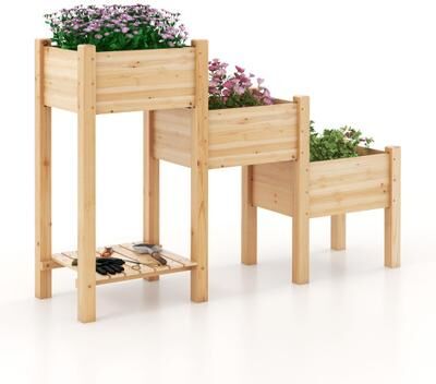 Costway 3-Tier Wooden Raised Garden Bed with Open Storage Shelf-Natural