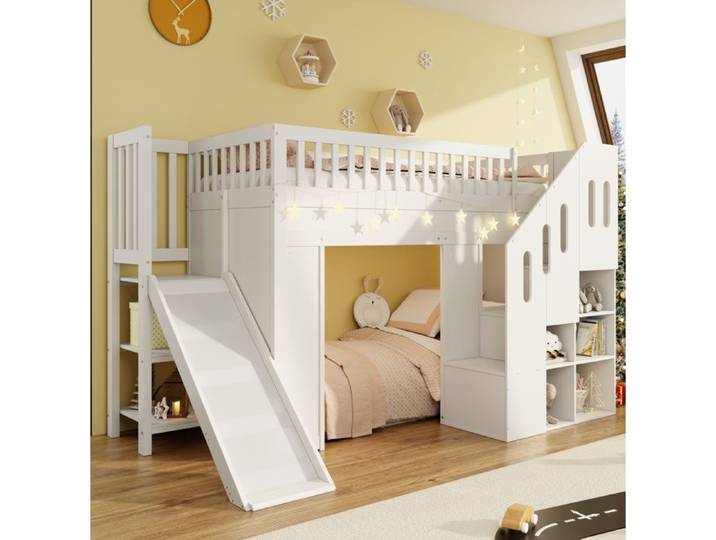 ULEVR Lit mezzanine enfant 90x200 cm blanc avec toboggan escalier de rangement sommier inclus et LED