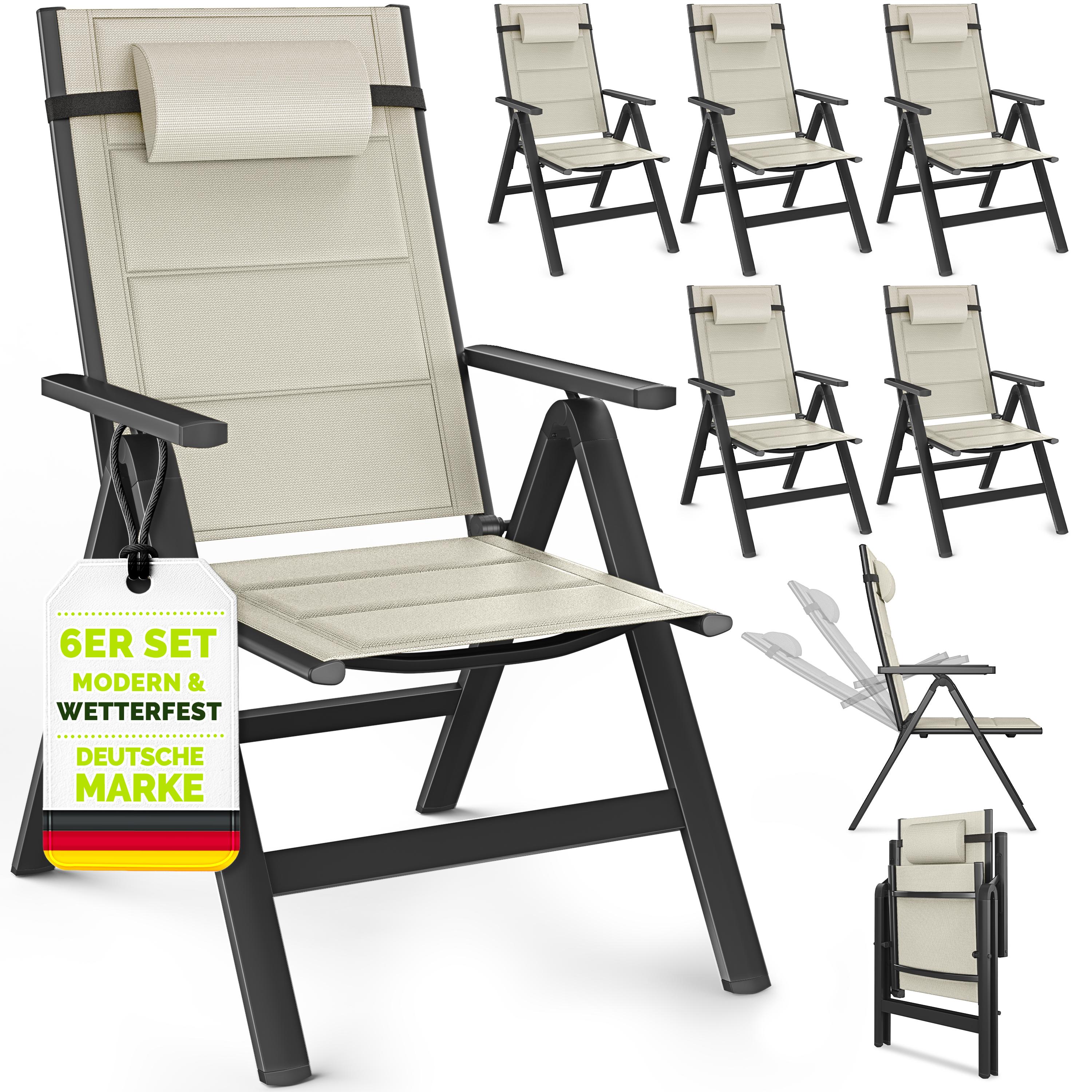 tillvex Gartenstuhl mit Polster Premium 6 Stück Beige klappbar aus Aluminium | Hochlehner mit Armlehnen | Klappstuhl verstellbar | Klappsessel Balkon Garten Terrasse