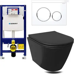 Alpenberger Schwarze Toilette mit Vorwandelement Komplettset | Spülrandloses Hänge WC mit Geberit Spülkasten und Betätigungsplatte | Klo mit WC Deckel