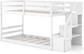 Costway Twin Over Twin Low Bunk Bed with Storage Stairs Solid Wood Floor Bunk Bed Frame-White