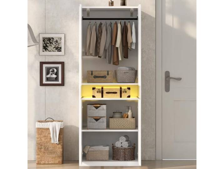 BXEYXE Kleiderschrank 70 × 55 × 180 cm, Mit Beleuchteten Fächern, LED-Leuchte, Großem Stauraum Und Bereich Zum Aufhängen Von Kleidung, Einzelkleiderschrank, Weiß