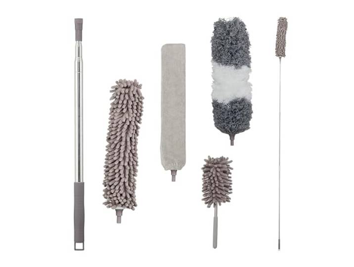Relaxdays plumeau set, 4 opzetstukken, met telescoopsteel, 2,5 meter, wasbaar, buigbaar, ragebol uitschuifbaar, grijs