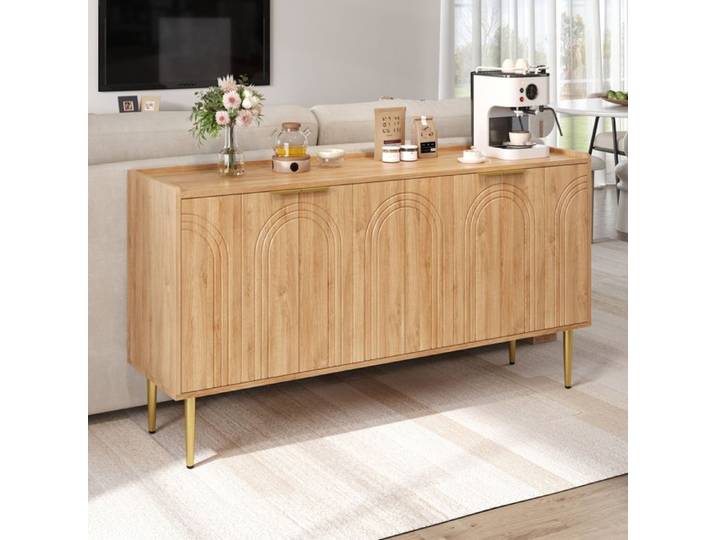 Buffet moderne - MODERNLUXE - 140x38x75 cm - 4 portes - Aspect bois - Pieds en métal - Naturel