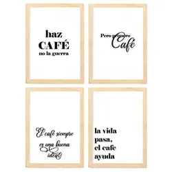 POSTER Set mit 4 Kaffee TypografieStil A3 Rahmen aus hellem Holz
