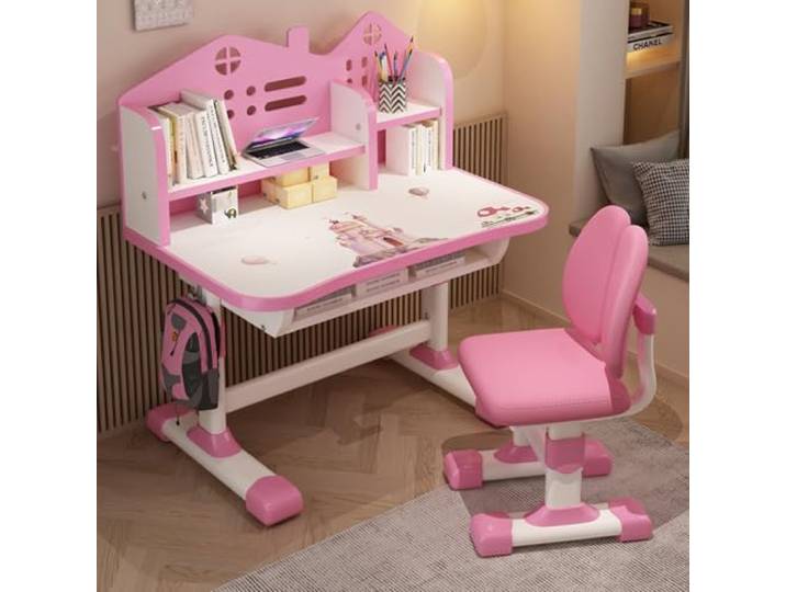 reukmuuc Höhenverstellbarer Schreibtisch und Stuhl für Kinder, ergonomischer Kinderschreibtisch mit Schublade, platzsparend, Cartoon-Druck, für Grund- und Mittelschüler, Geschenk für Mädchen, Rosa