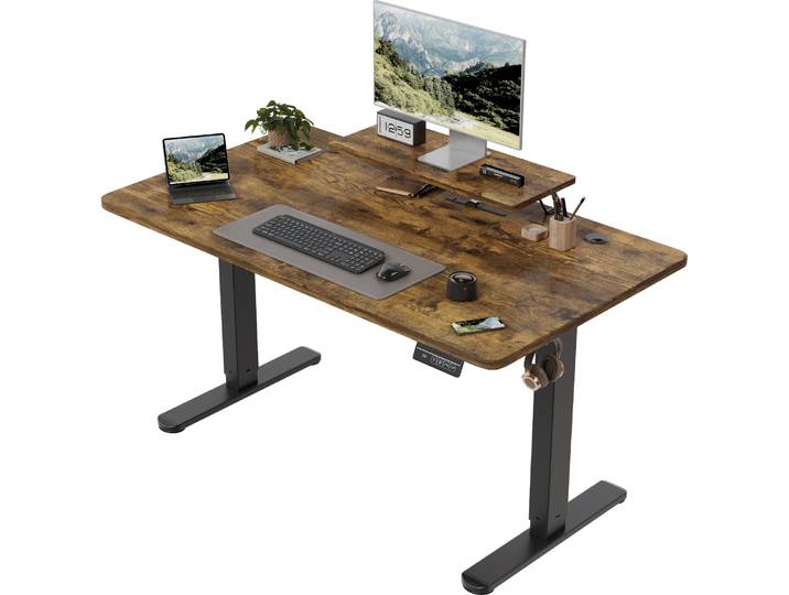 Bureau réglable en hauteur Devoko électrique 120 × 60 cm avec support pour écran, siège ergonomique, bureau debout (blanc)