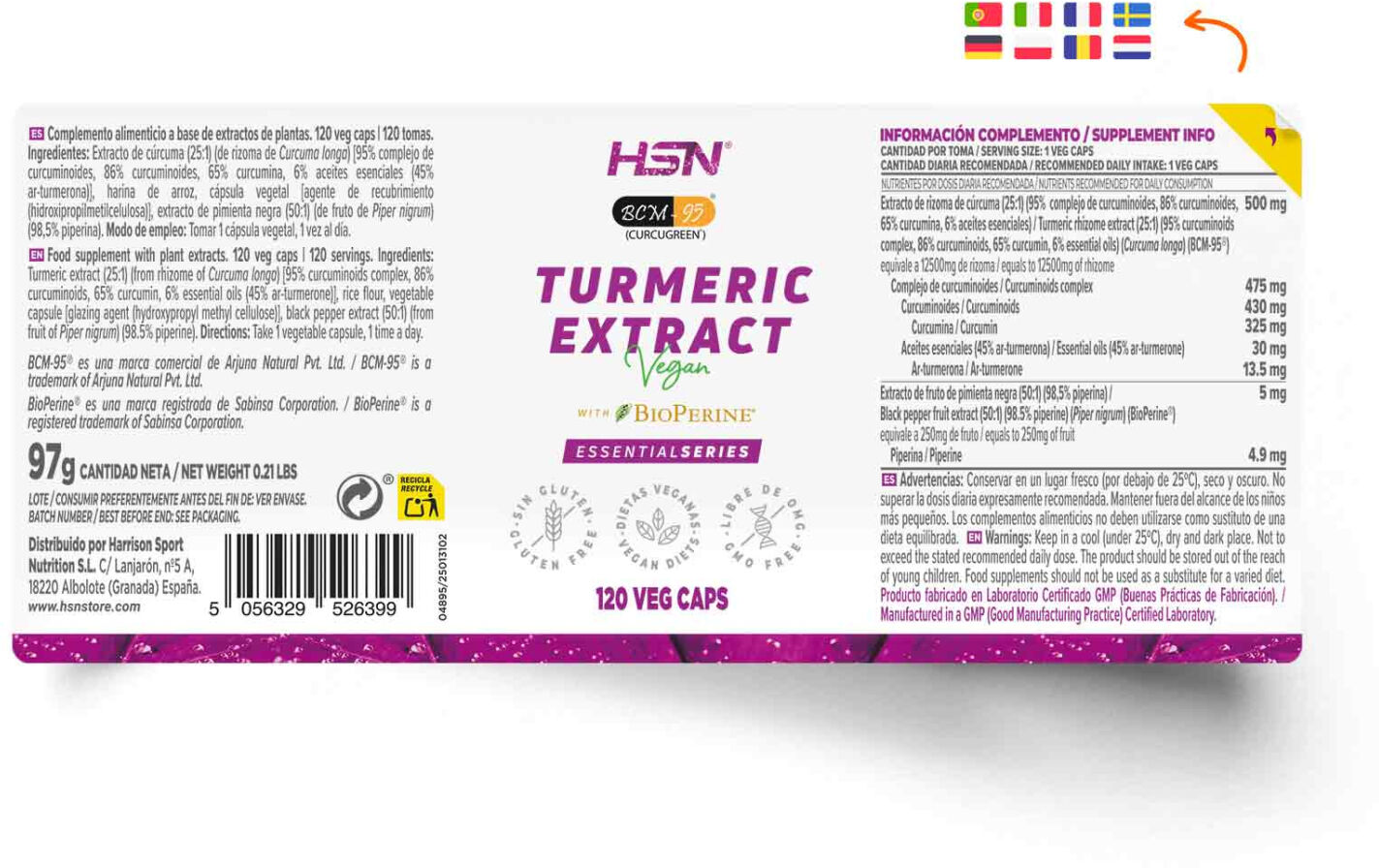HSN Extracto de cúrcuma (25:1) 500mg (BCM-95®) + BioPerine® - 120 veg caps - Huesos y articulaciones - Cápsulas Vegetales - 120  Servicios