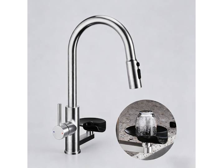 Robinet de cuisine moderne haut de gamme avec lave-gobelet, bec extractible en nickel brossé, robinets de cuisine à un trou 360 ° Robinet mélangeur pivotant robinets cuisine Noir mitigeur cuisine