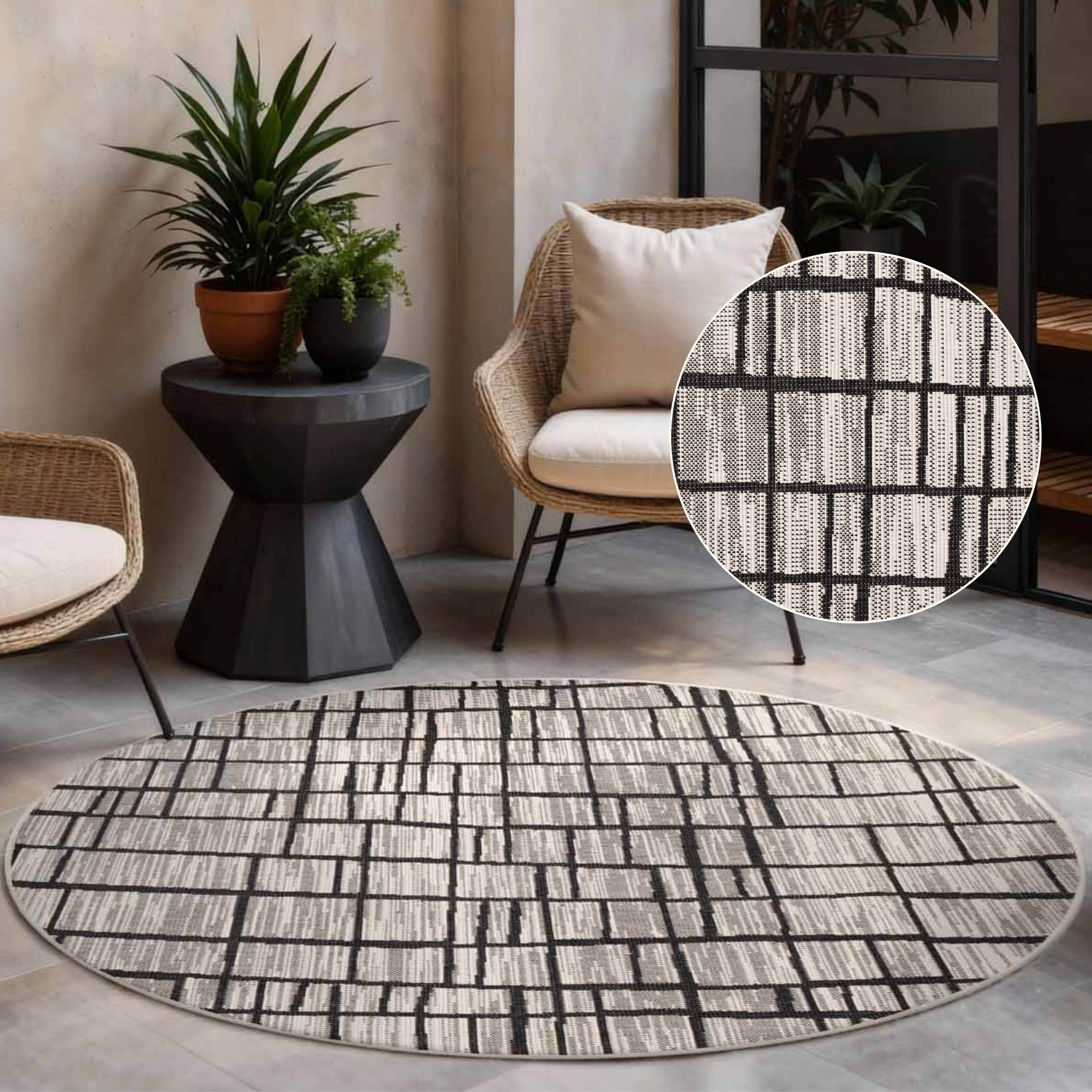 Teppich TED BAKER "Crouch, Wendeteppich", beige (schwarz weiß), H:8mm Ø:200cm, Polypropylen, Teppiche, Teppich, Designteppich, Wetterfest, Pflegeleicht, Modern, Wohnzimmer, Terrasse schwarz weiß Ø 200cm 1 Stk., 8mm, Ø 200cm