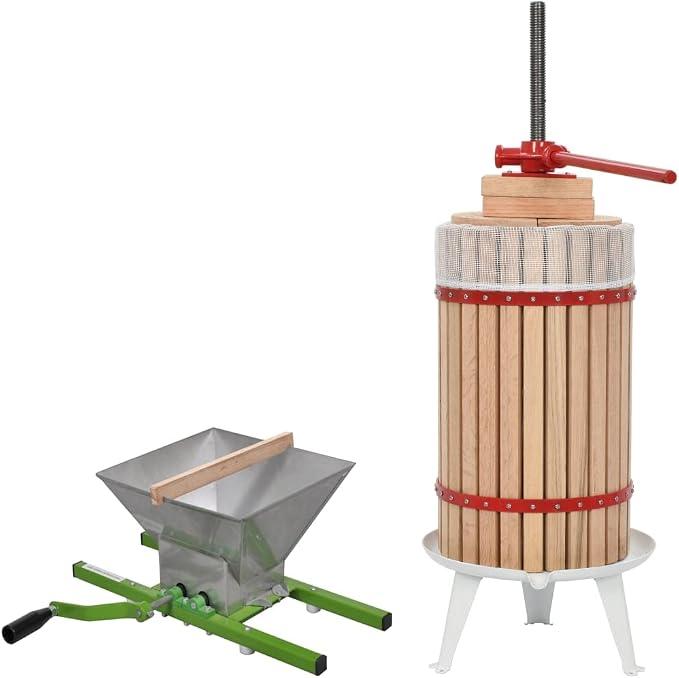 Obst und Weinpresse Set aus massivem Eichenholz und Stahl, 30 L Fassungsvermögen, mit 7 L Mühle, für Trauben, Äpfel, Beeren und Maische in der Weinherstellung