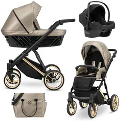 Kunert, Kinderwagen, IVENTO PREMIUM 3in1 Öko-Leder Kinderwagen in Braun mit Goldrahmen