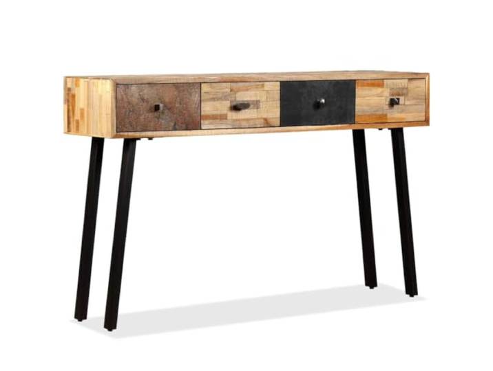HAQWRDQSG Konsolentisch Recyceltes Teak Massivholz 120x30x76 cm Schmale Vintage Anrichte für Flur und Diele mit geräumigen Schubladen sowie stabilem Stahlgestell für Dekoration.