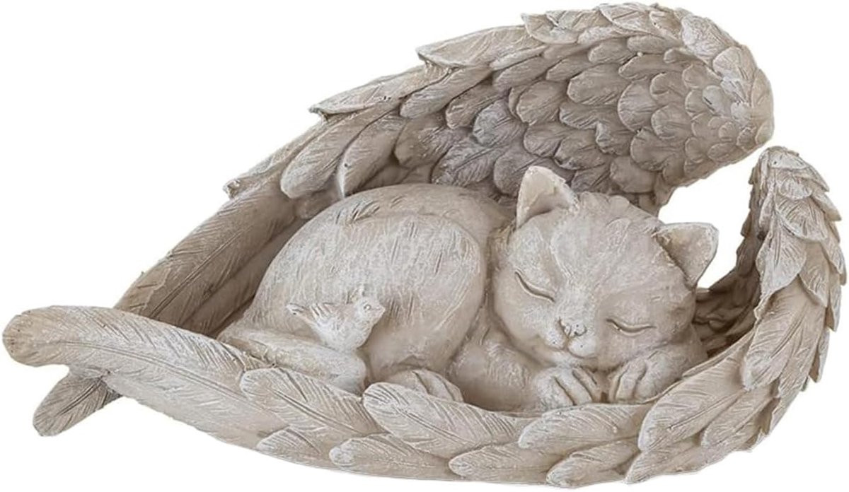 Shirene Katengedenkstevens met Engelenwiekjes en Slapende Kat Sculptuur voor Buiten