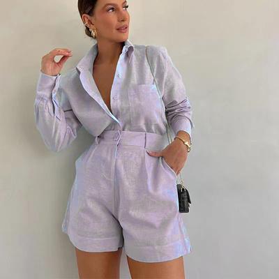 Lush Living Finds Breezy Button Up Womens Set With Long Sleeve Shirt & Short purple m