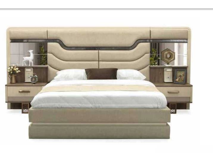 JVmoebel Schlafzimmer-Set Luxuriöses Schlafzimmer-Set aus Holz und Textil in natürlicher Farbe, (Bett, 2x Nachttisch, 3-tlg), Made in Europa