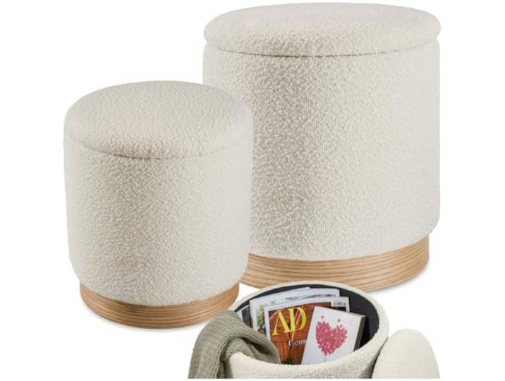tectake® 2er Set Hocker mit Stauraum, Bouclé Teddy Stoff Scandi Sitzhocker, Pouf, Polsterhocker rund für Schminktisch, Schlafzimmer, Wohnzimmer Möbel, als Flur Möbel, Stauhocker Wohnen