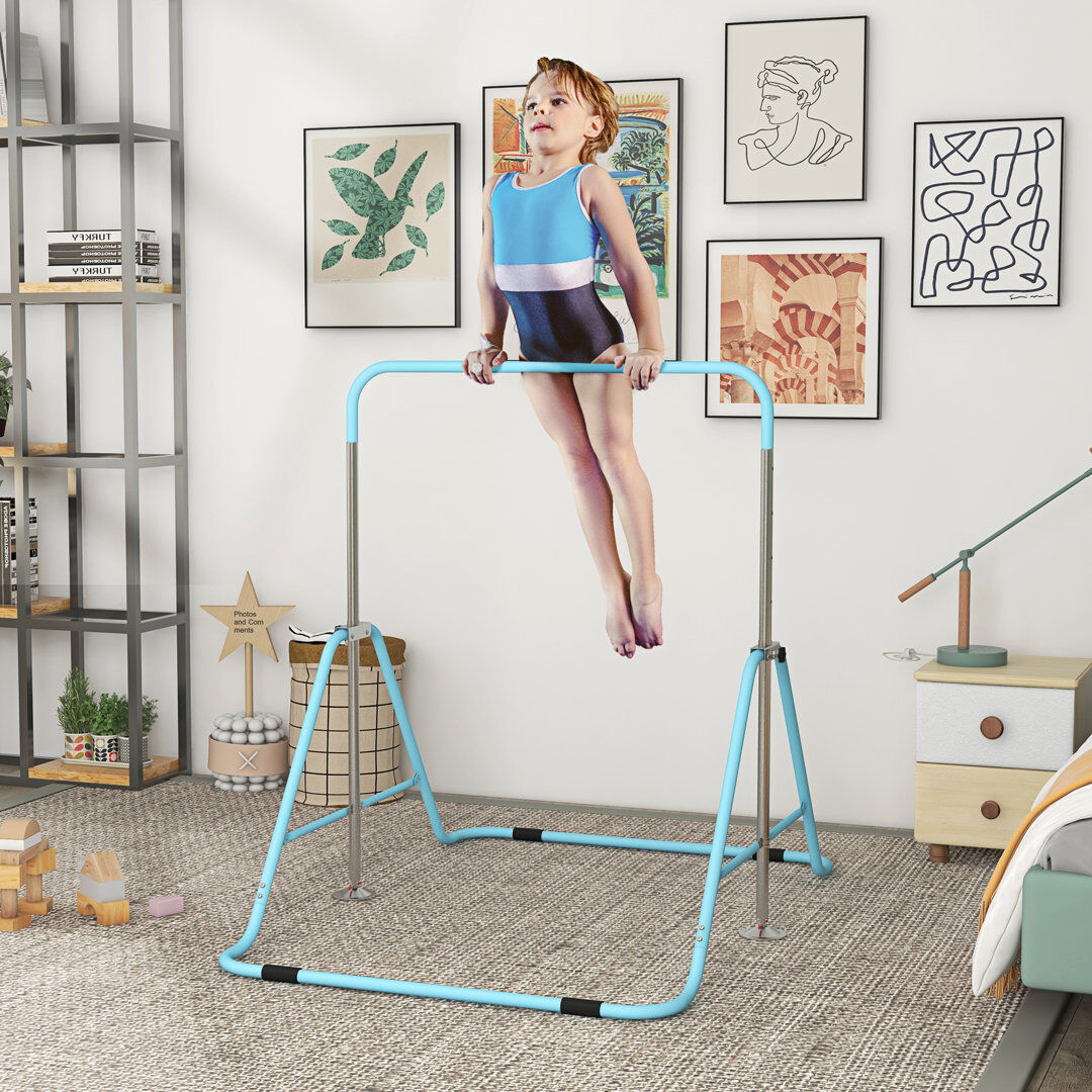 Freeport Park HOMCOM Kids Gymnastic Bar w/ Adjustable Height, Foldable Training Bar Blue 128cm H X 148cm W X 105cm D