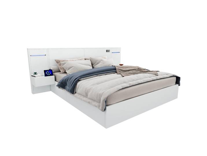 Evryae Jugendbett 160/200 mit Usb, Bluetooth-Lautsprechern und LED in Weiß, Metall, 160x200 cm, Babymöbel & Kindermöbel, Kinderzimmer & Jugendzimmer, Kinderbetten, Kinderbetten & Jugendbetten