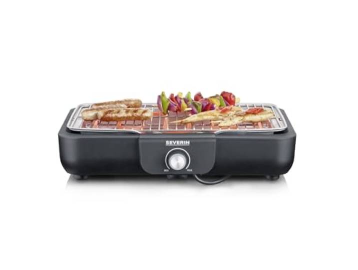 SEVERIN Tischgrill mit hochwertigem Edelstahl-Grillrost, für drinnen und draußen, 2.300 W, schnelle Aufheizzeit, Temperaturregelung thermostatgesteuert, schwarz, PG 8554