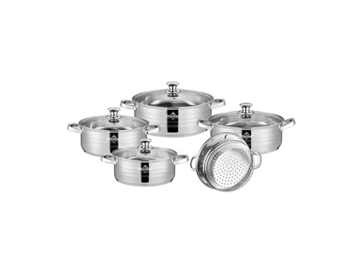 SWISS HAUS - 12-teiliges Kochgeschirr-Set aus Edelstahl - Montreux Collection - Alle Herdarten einschließlich Induktion - Kasserolle, Kochtöpfe und Sauteuse - Glasdeckel - Verbundboden