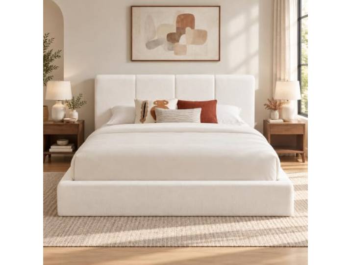 Anwick Polsterbett 160x200 cm Cremeweiß mit Kopfteil, Metallrahmen Weiches Wolkenbett mit gepolstertem Kopfteil, rundem Niedrigrahmen und stabilem Metallgestell für moderne Schlafzimmer