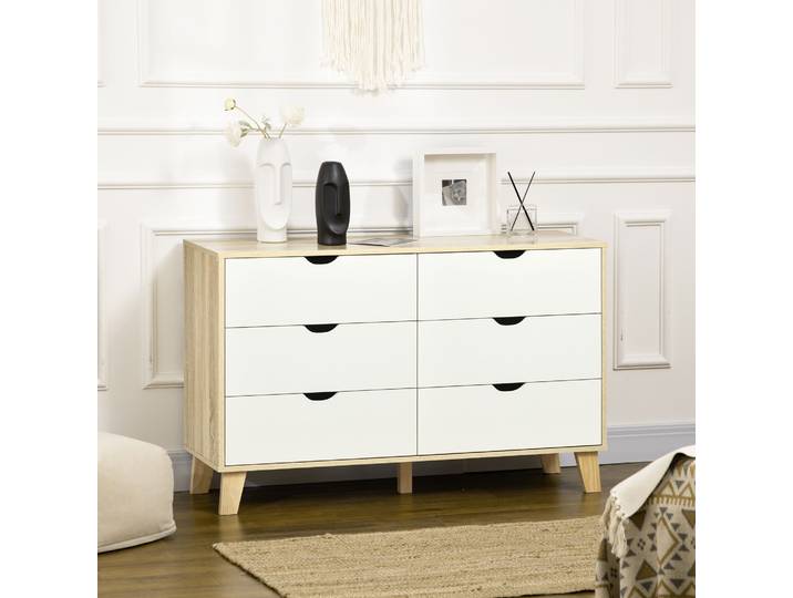 HOMCOM Commode 6 Tiroirs Scandinave Bois Beige 120x40x76 cm