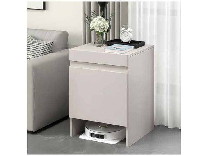Staubroboter Schrank mit Türen, Staubsaugerschrank für Saugroboter, Aufbewahrungsschrank, Beistelltisch, Saugroboter Ständer Staubsauger Roboter für Wohnzimmer, Küche, Büro Oder Home Office(Hellgrau)