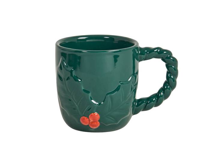 Tasse aus Steinzeug mit Reliefmuster, rot und blau