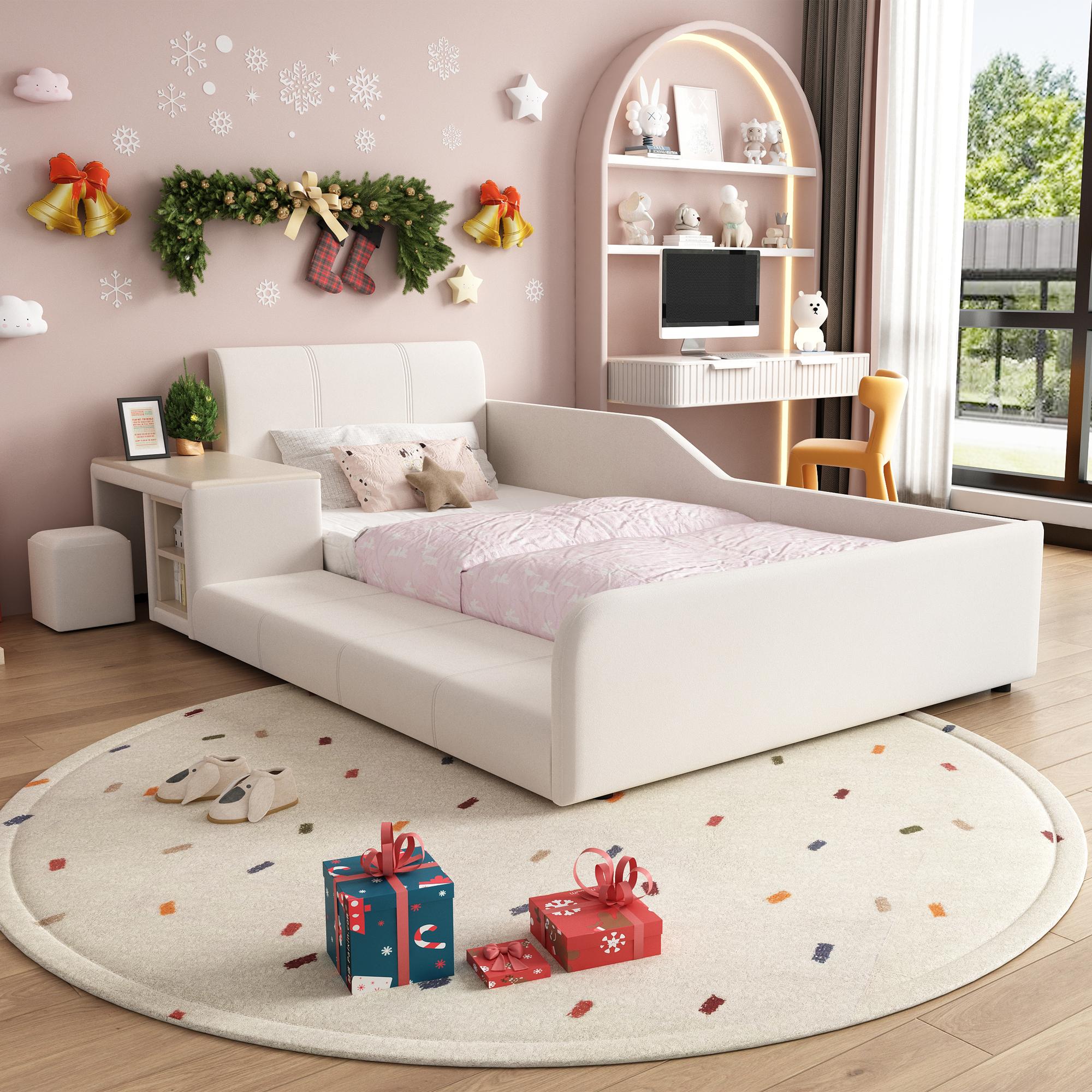 MODFU Kinder-Polsterbett 90x200 Einzelbett mit Lernschreibtisch,Jugendbett mit Hocker und Ablageboden,Kinderbett Bettgestell mit Holzlattenrost und weichem Kopfteil,ohne Matratze,Weiß