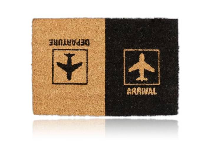 Relaxdays Paillasson Fibre de Coco Arrival Departure\, Tapis\, Motif Avion\, intérieur & extérieur\, 40x60 cm\, Nature/Noir