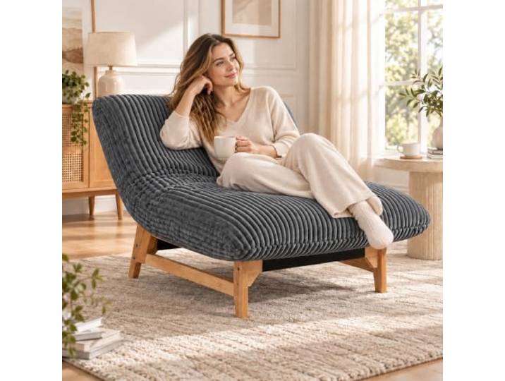 Relaxsessel Loungesessel ohne Armlehnen, Cord, Holzrahmen (Anthrazitgrau) Weicher Akzentstuhl mit dicker Polsterung und Holzgestell für Wohnzimmer, Schlafzimmer und Leseecke