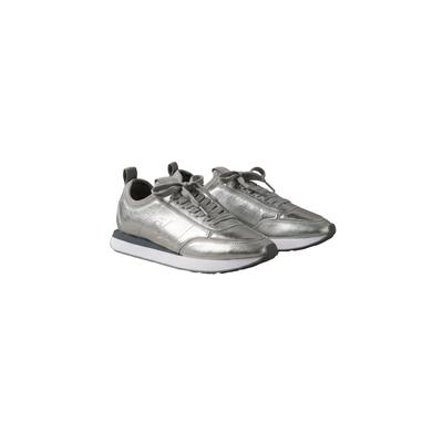 Plateausneaker CALVIN KLEIN "RETRO RUNNER METALLIC", Damen, Gr. 39, Textil, silber (silberfarben), Leder, Lederimitat, glänzend, metallic, unifarben, Schuhe Plateausneaker, Trendsneaker, Businesssneaker, Halbschuh mit Anziehlasche