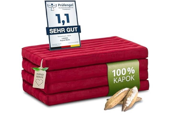 livasia Nachhaltige Klappmatratze aus Kapok - 200x80x8cm - Gästematratze, Faltbare Matratze einfarbig, ökologische Yogamatte, klappbares Gästebett, Liege Garten Balkon (Rot Uni)