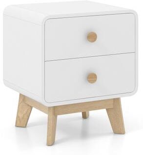 Costway Nightstand with 2 Drawers Solid Rubber Wood Legs-White
