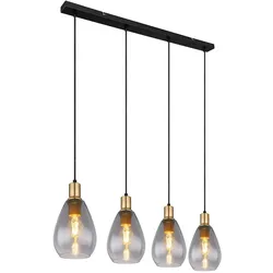 Hängelampe Pendelleuchte rauchglas 4 Flammig schwarz Wohnzimmer Deckenleuchte hängend, Metall messing, E27 Fassungen, LxBxH 90x15x120 cm