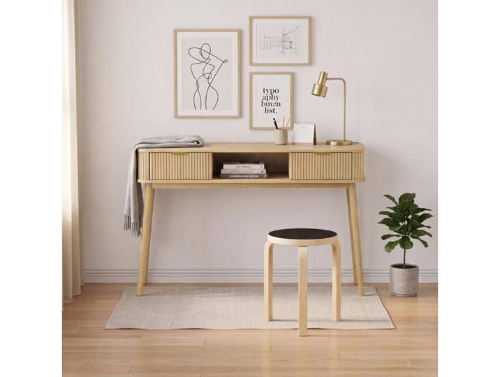 WOVREO Console 120 cm style vintage moderne 2 tiroirs et niche ouverte aspect chêne