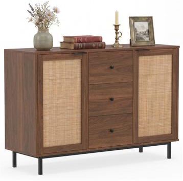 Costway Sideboard Buffet Cabinet Rustic Farmhouse Coffee Bar Table with 2 Rattan Doors and 3 Drawers-Brown
