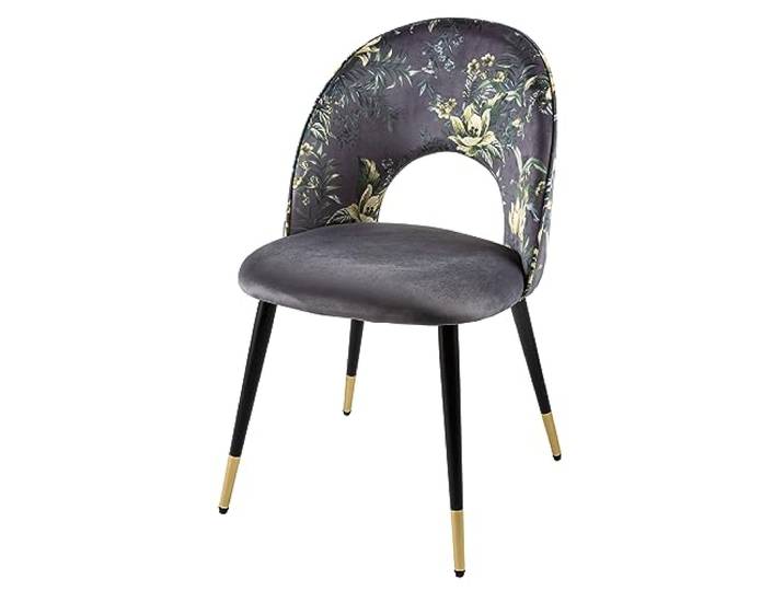 Stuhl PRÊT-À-PORTER - 48cm - grau - Samt Metall-Beine Gold-Finish hoher Komfort, bequeme Polsterung, pflegeleicht, Design, Retro, Eyecatcher, florales Muster, goldene Fußkappen