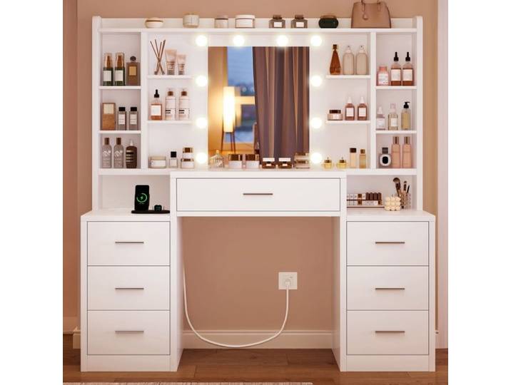 Coiffeuse - Grande Coiffeuse - Miroir avec éclairage LED 3 couleurs - 7 tiroirs - Station de recharge & 8 étagères