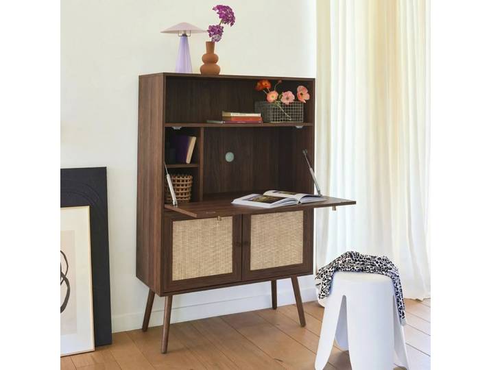 Bureau secrétaire décor bois et cannage 2 portes noyer