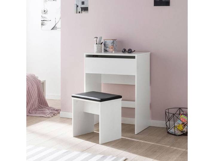 WOHNLING Coiffeuse 60x40x81 cm Blanche avec Tabouret et Miroir
