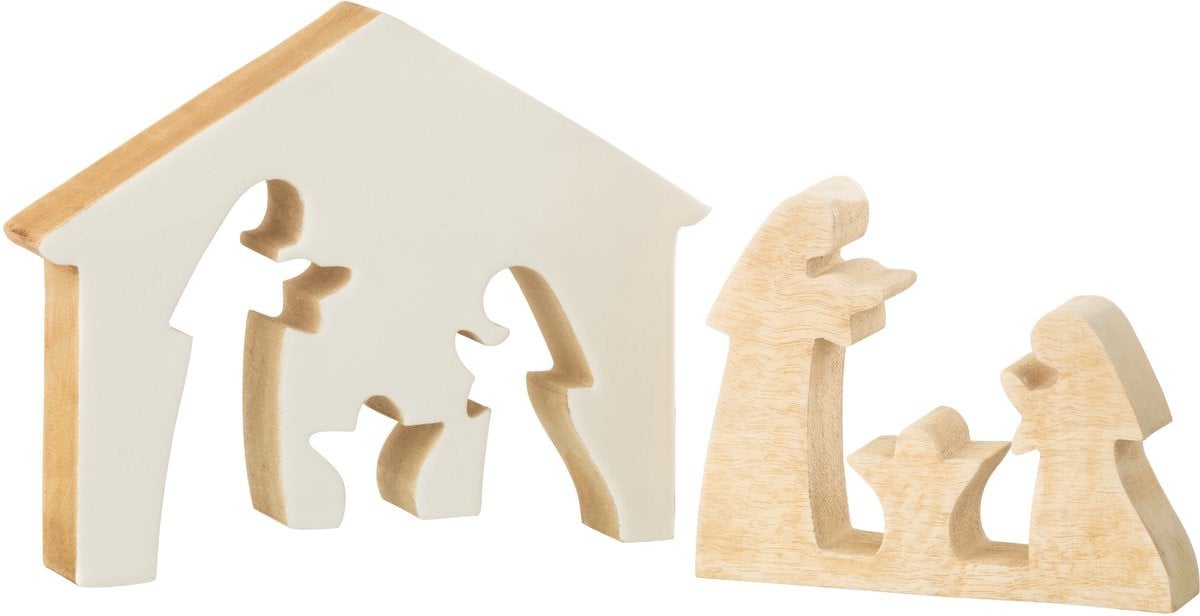 J-Line Kerststal Huis decoratie - hout - wit/naturel - groot